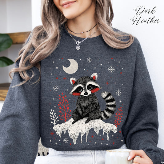 Festive Raccoon Christmas Sweatshirt - Cute Cottagecore Forest Animal Jumper