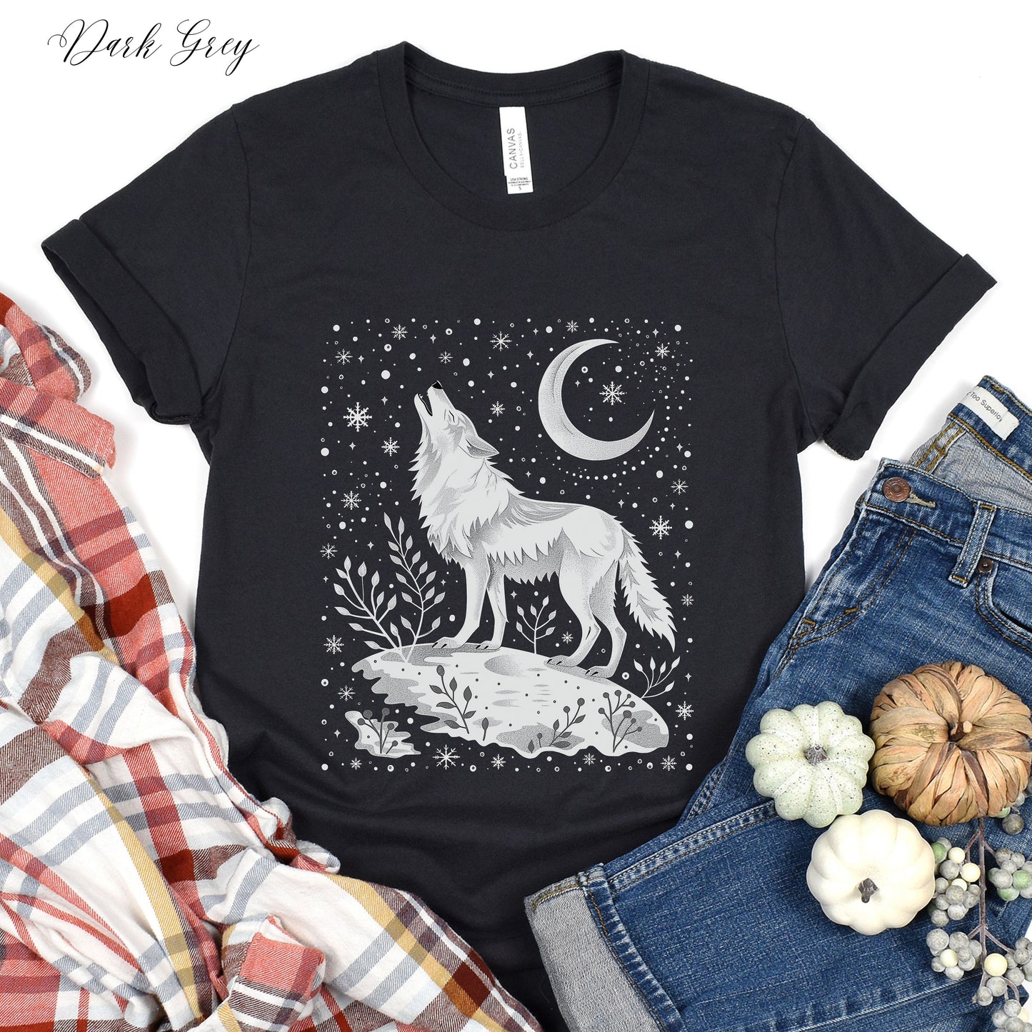Celestial Arctic Wolf Shirt - Snowy Moon and Wolf Christmas Shirt