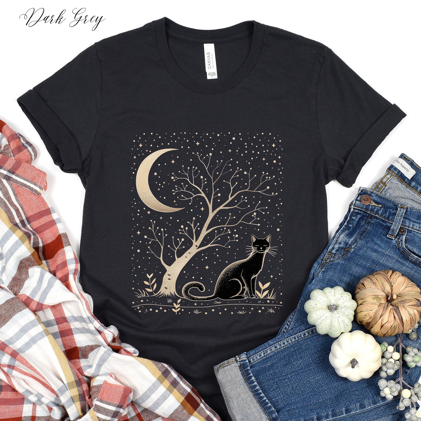Moonlit Cat Shirt - Bohemian Moon Cat Vintage Graphic Tee