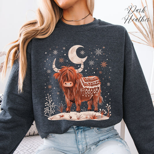 Highland Cow Christmas Sweatshirt - Moon Cow Sweatshirt - Boho Winter Jumper