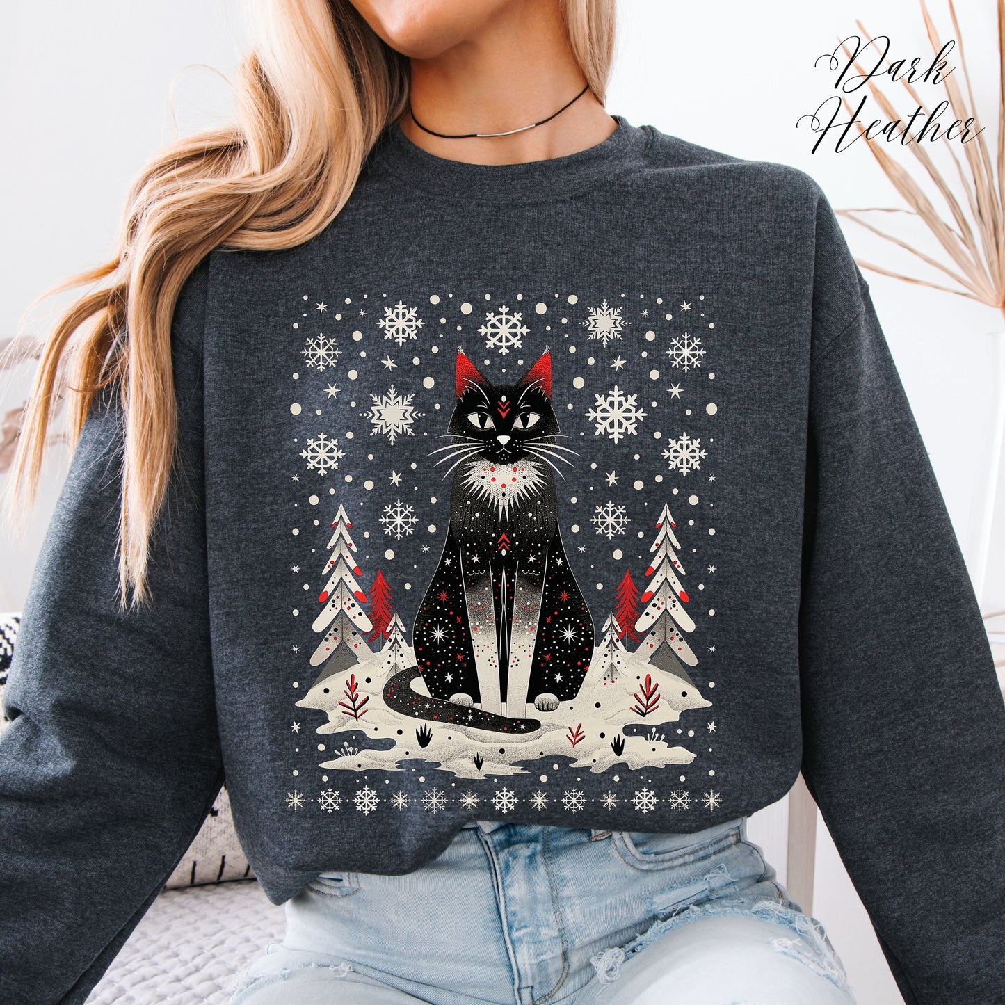 Scandinavian Christmas Cat Sweatshirt - Boho Christmas Sweatshirt