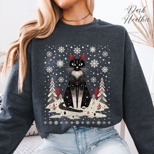 Scandinavian Christmas Cat Sweatshirt - Boho Christmas Sweatshirt