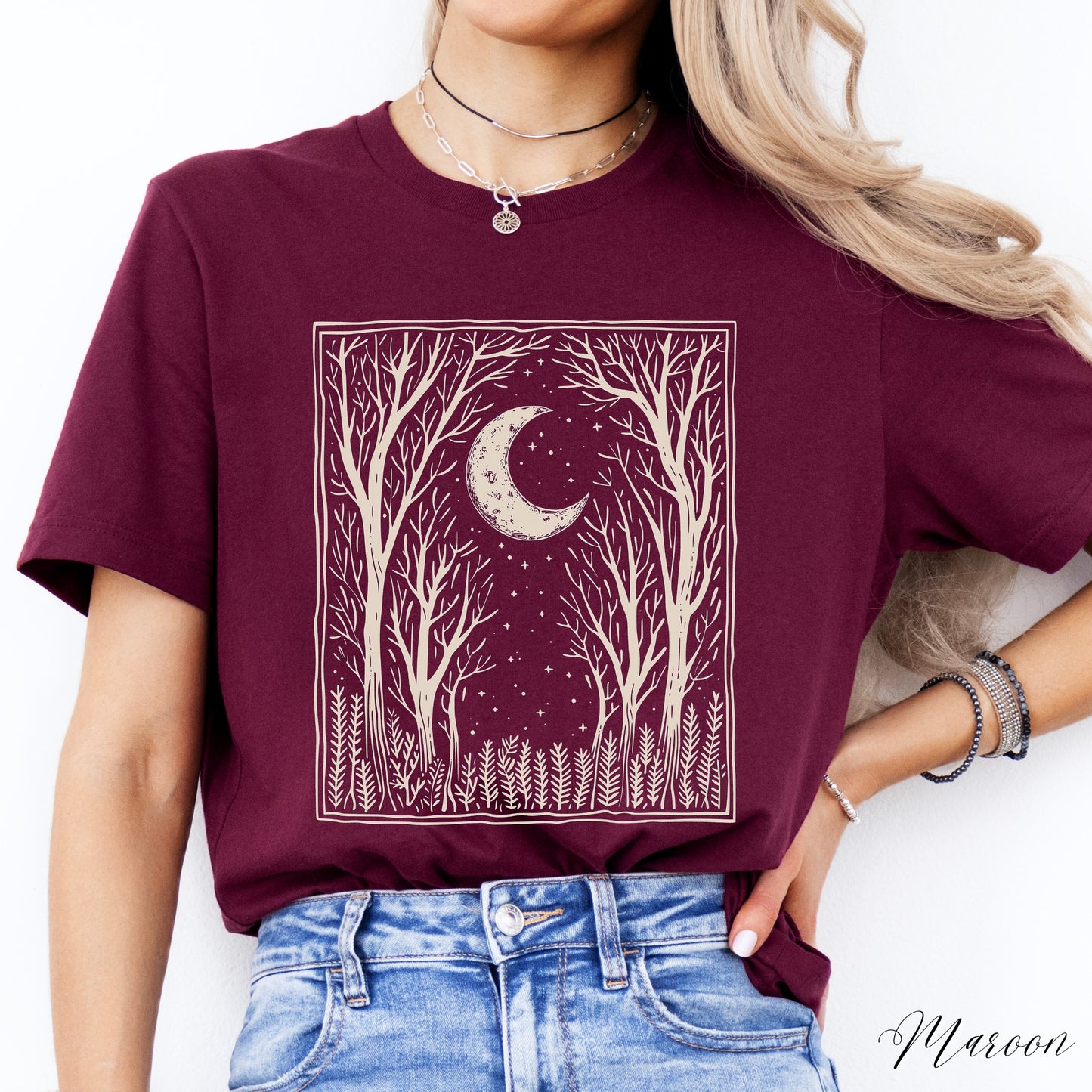 Bohemian Dark Forest Vintage Graphic Tee - Moon and Tree Nature Shirt