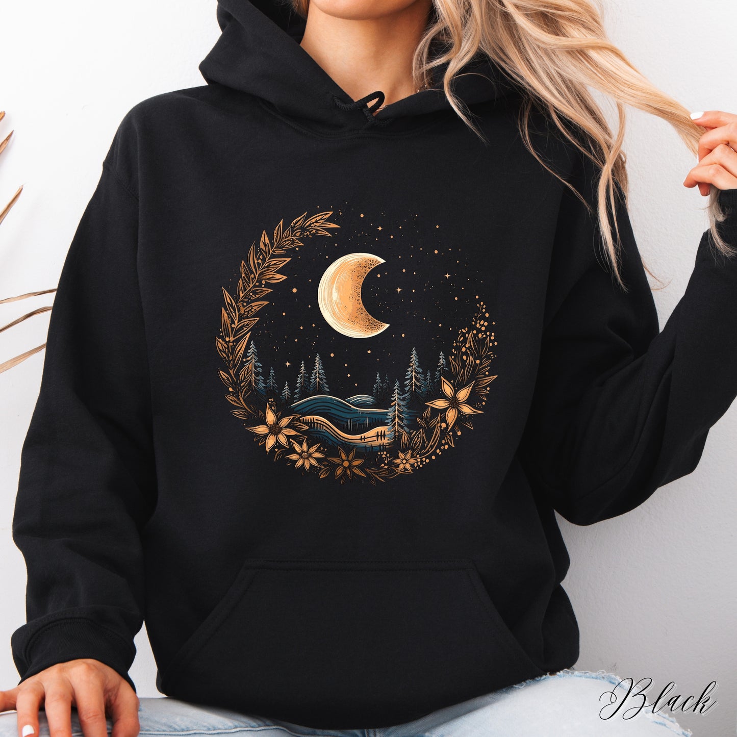 Bohemian Winter Moon Hoodie - Floral Moon Christmas Hoodie