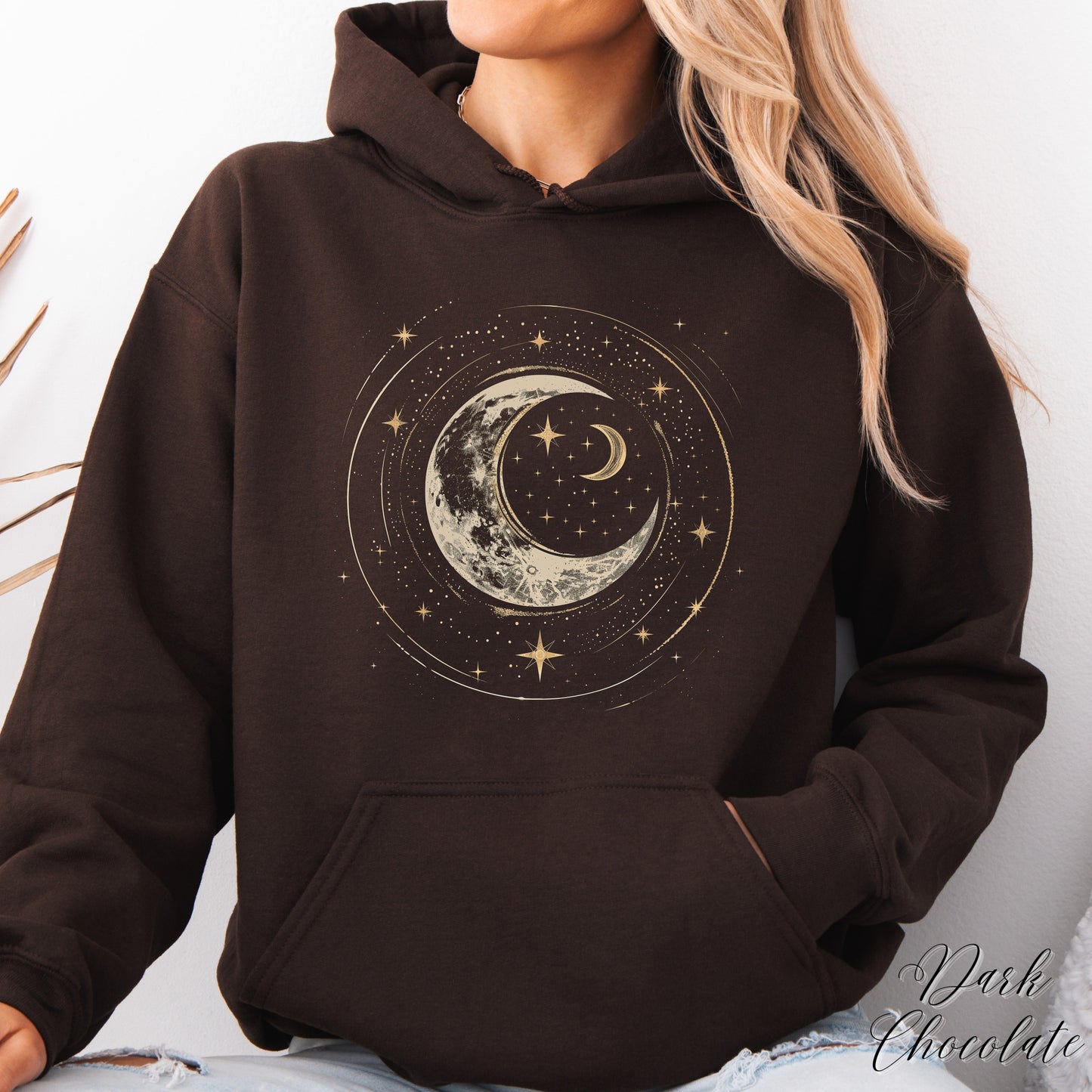 Crescent Moon Hoodie - Bohemian Mystic Moon and Stars Graphic Hoodie