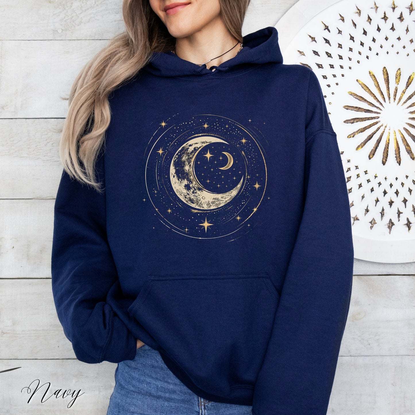 Crescent Moon Hoodie - Bohemian Mystic Moon and Stars Graphic Hoodie