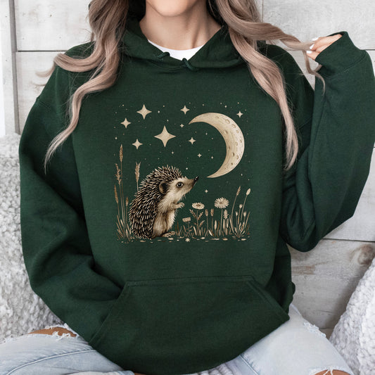 Mystic Moon and Hedgehog Hoodie - Bohemian Woodland Creature Cottagecore Hoodie
