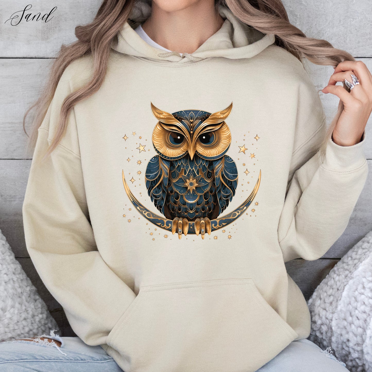 Boho Moon Owl Hoodie - Celestial Bird Hoodie - Bohemian Christmas Hoodie