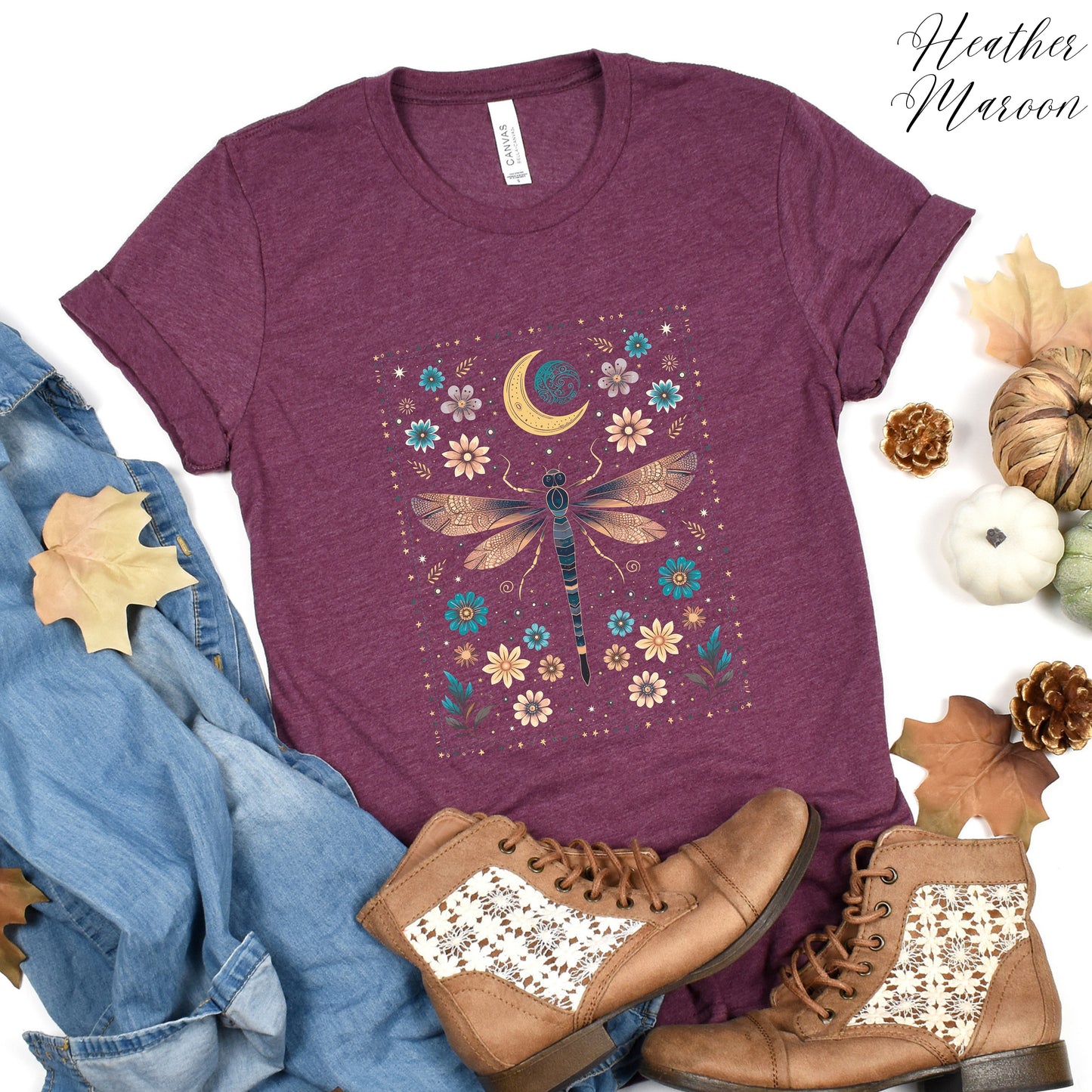 Vintage Dragonfly Shirt - Celestial Floral Moon and Dragonfly Graphic Tee - Boho Hippie Clothes