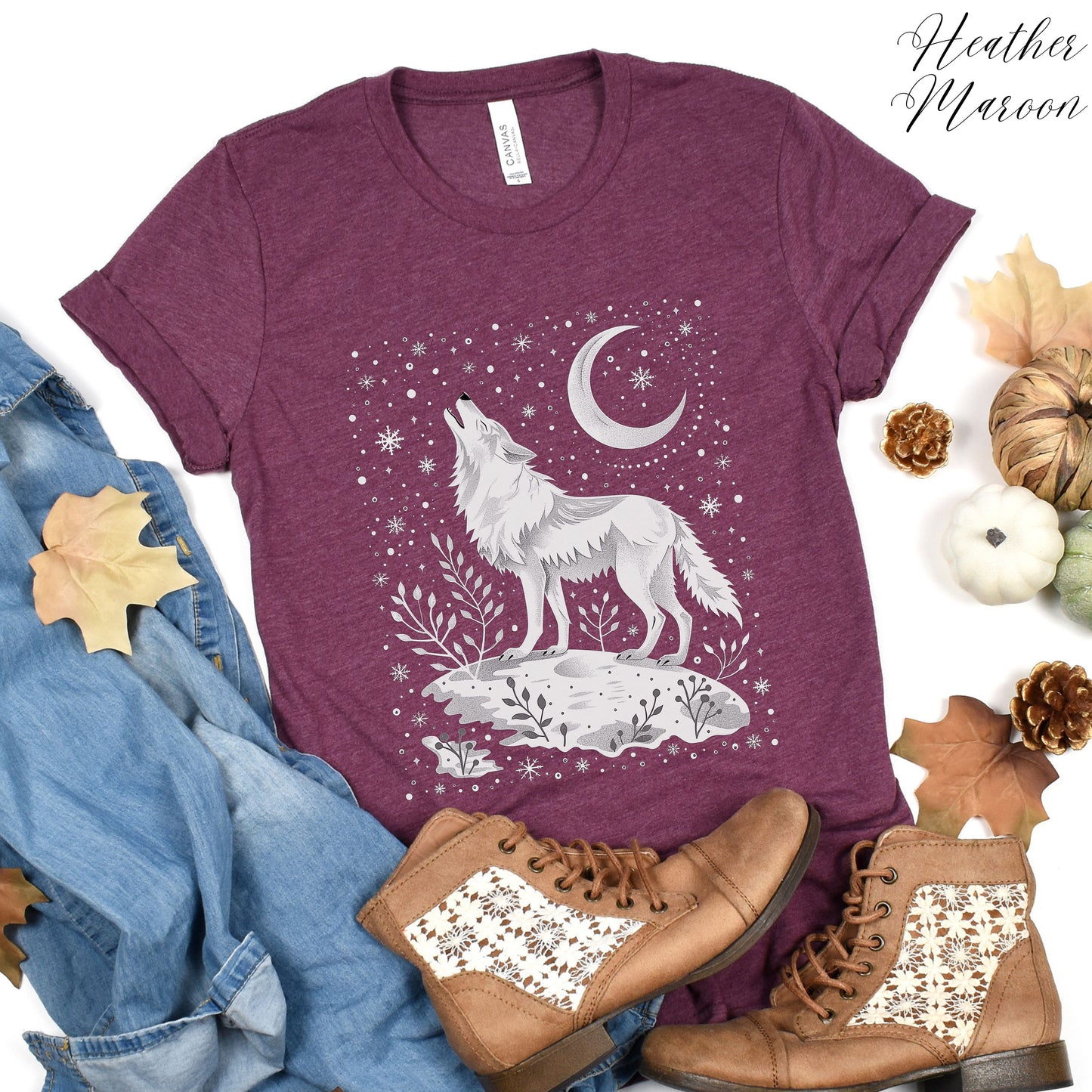 Celestial Arctic Wolf Shirt - Snowy Moon and Wolf Christmas Shirt
