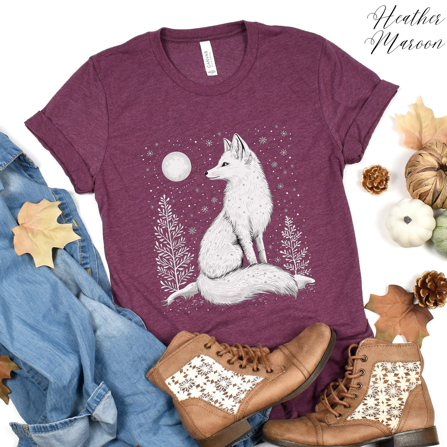 Boho Arctic Fox Shirt - Moon and White Fox Christmas Shirt