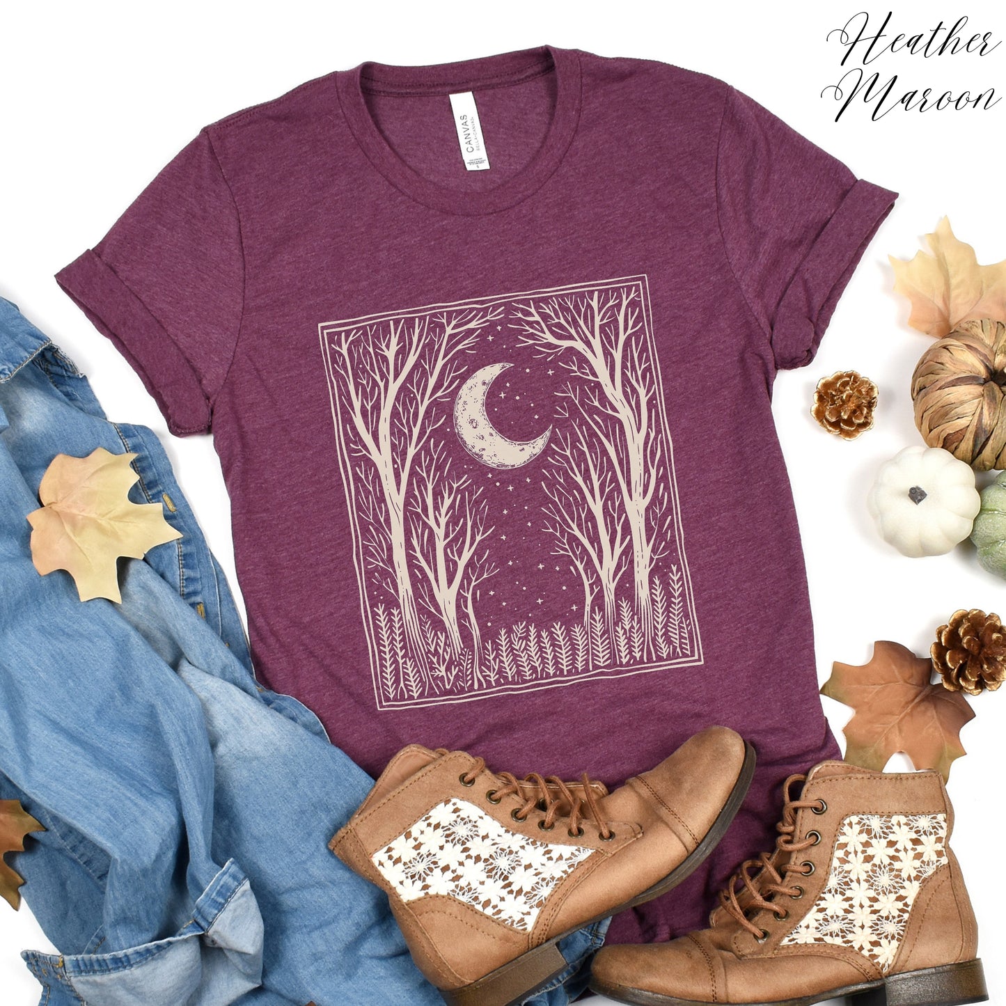 Bohemian Dark Forest Vintage Graphic Tee - Moon and Tree Nature Shirt