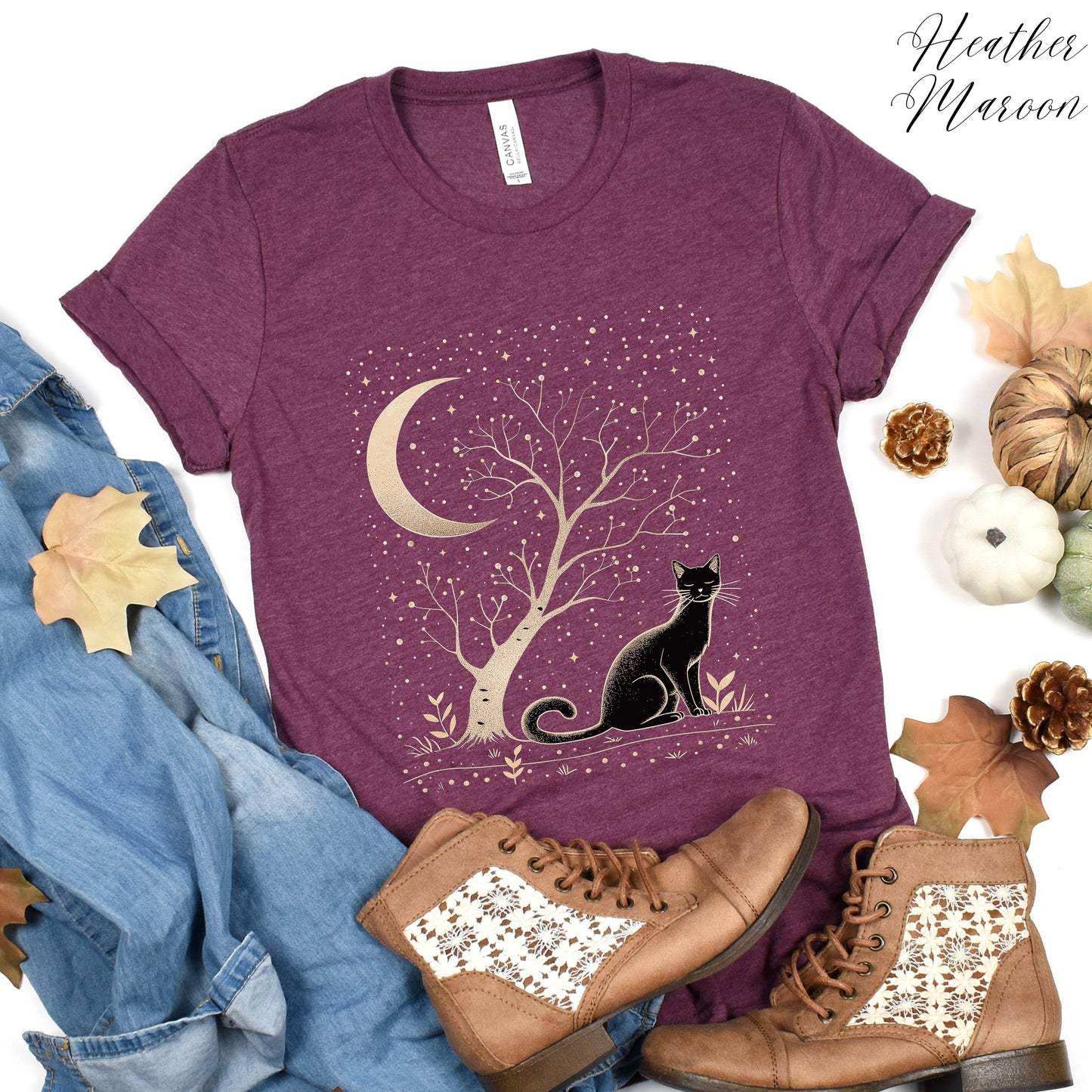 Moonlit Cat Shirt - Bohemian Moon Cat Vintage Graphic Tee