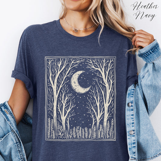 Bohemian Dark Forest Vintage Graphic Tee - Moon and Tree Nature Shirt