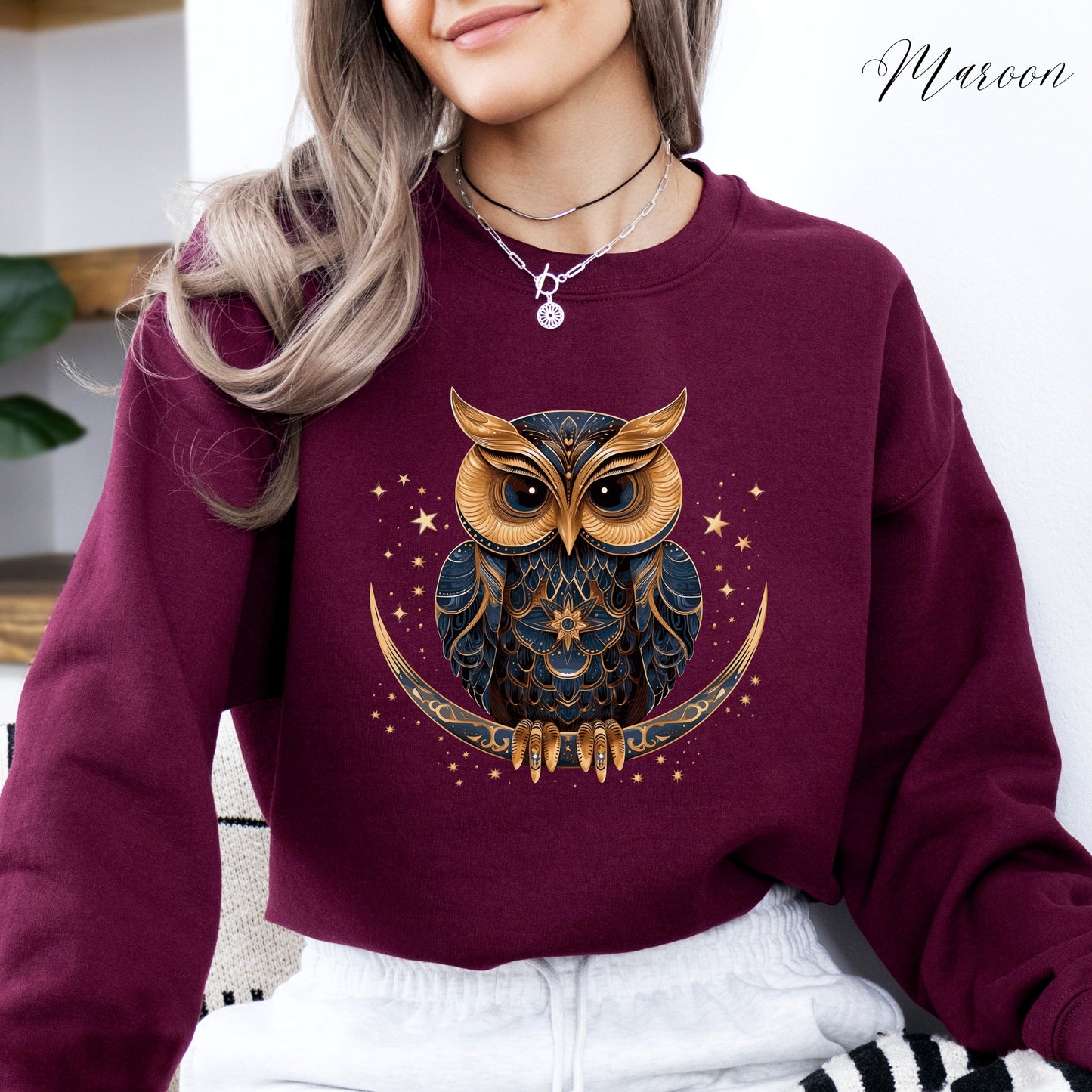 Celestial Moon Owl Sweatshirt - Bohemian Winter Sweatshirt - Christmas Sweatshirt