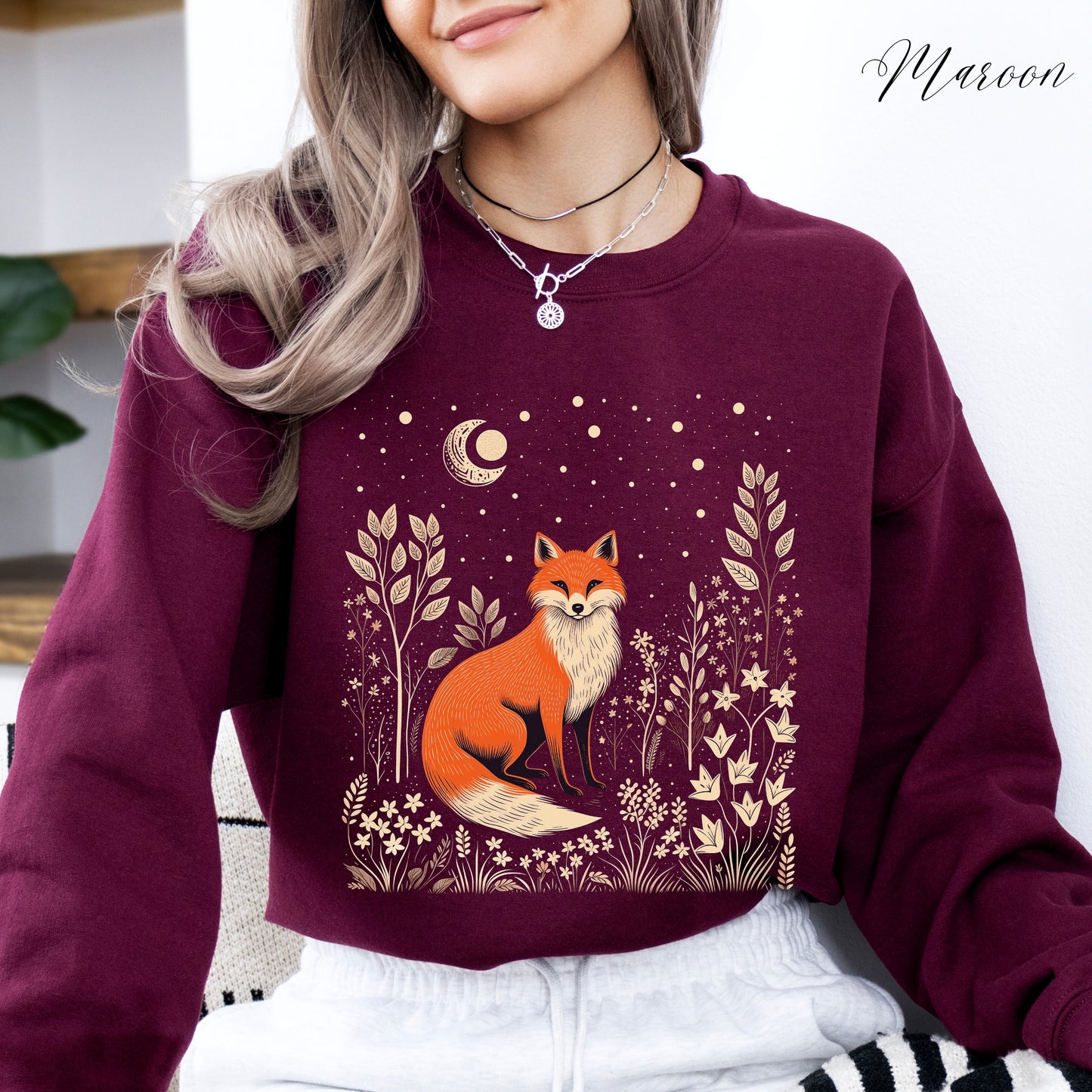 Moon and Fox Sweatshirt - Vintage Folklore Aesthetic Woodland Animal Jumper