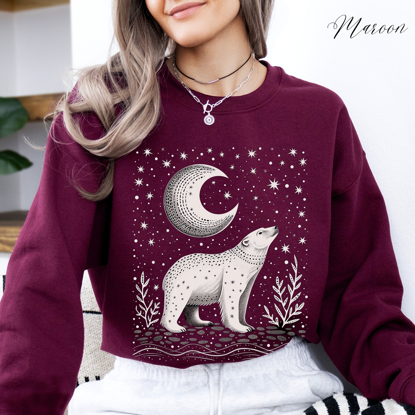 Mystic Moon and Polar Bear Sweatshirt - Nordic Animal Christmas Sweatshirt