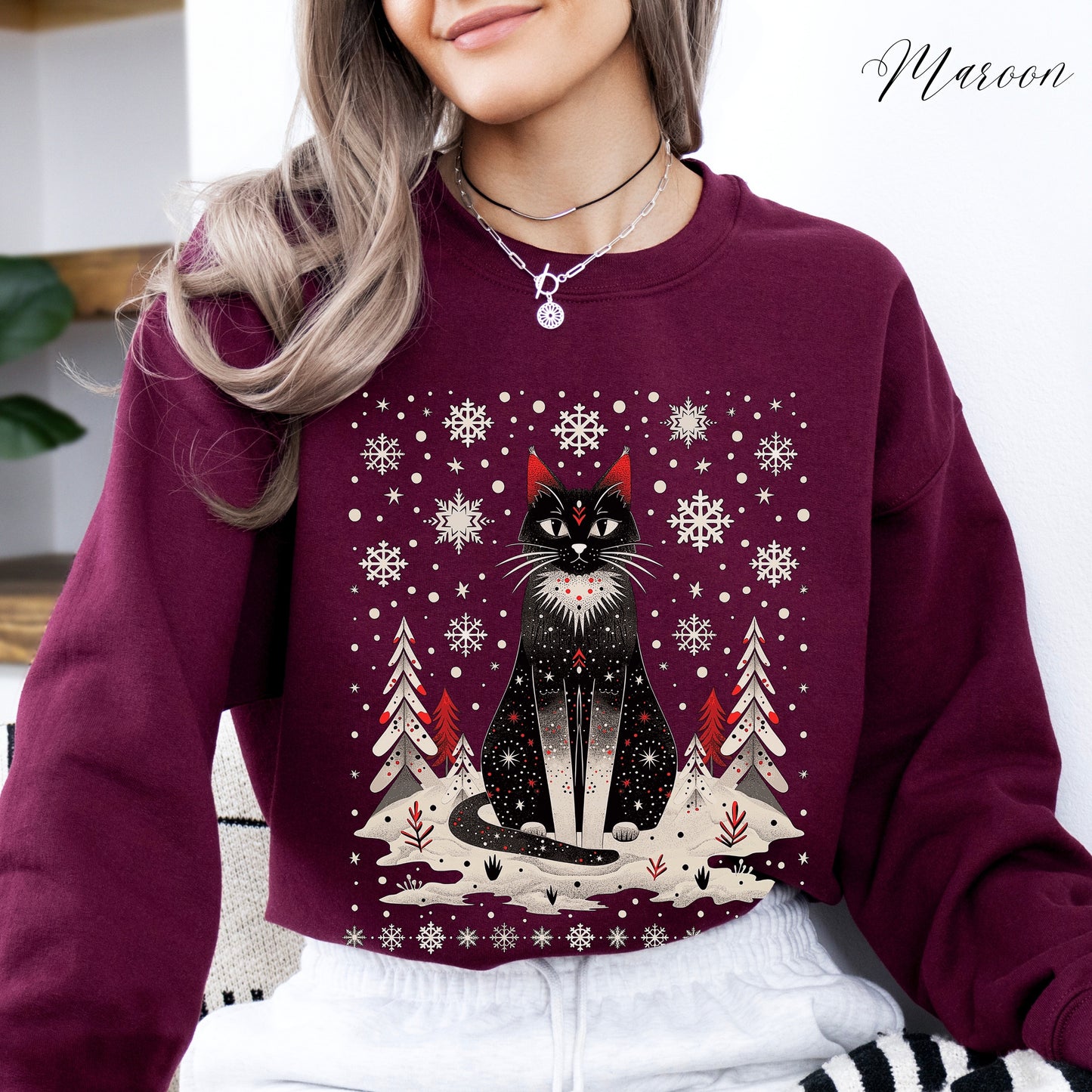 Scandinavian Christmas Cat Sweatshirt - Boho Christmas Sweatshirt