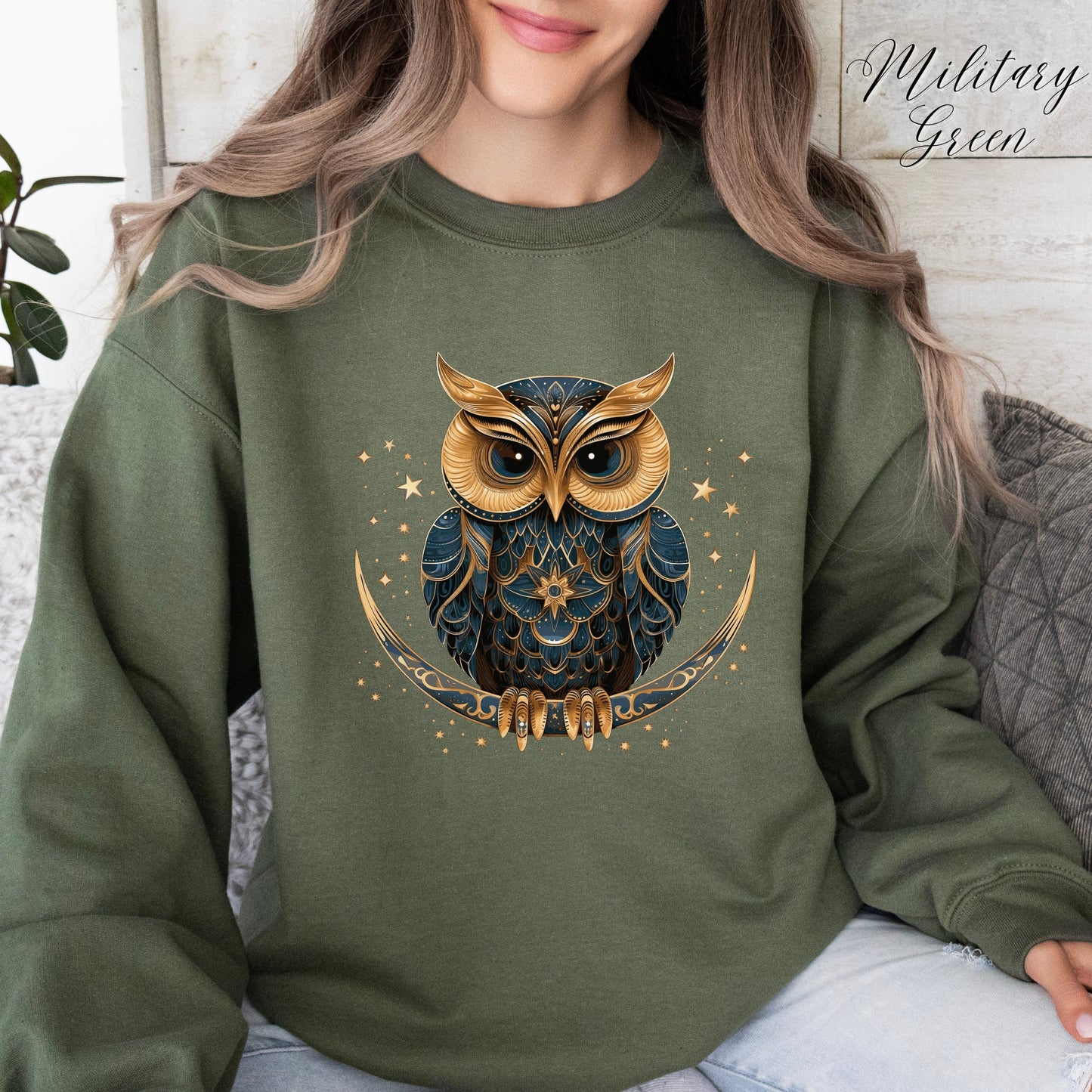 Celestial Moon Owl Sweatshirt - Bohemian Winter Sweatshirt - Christmas Sweatshirt