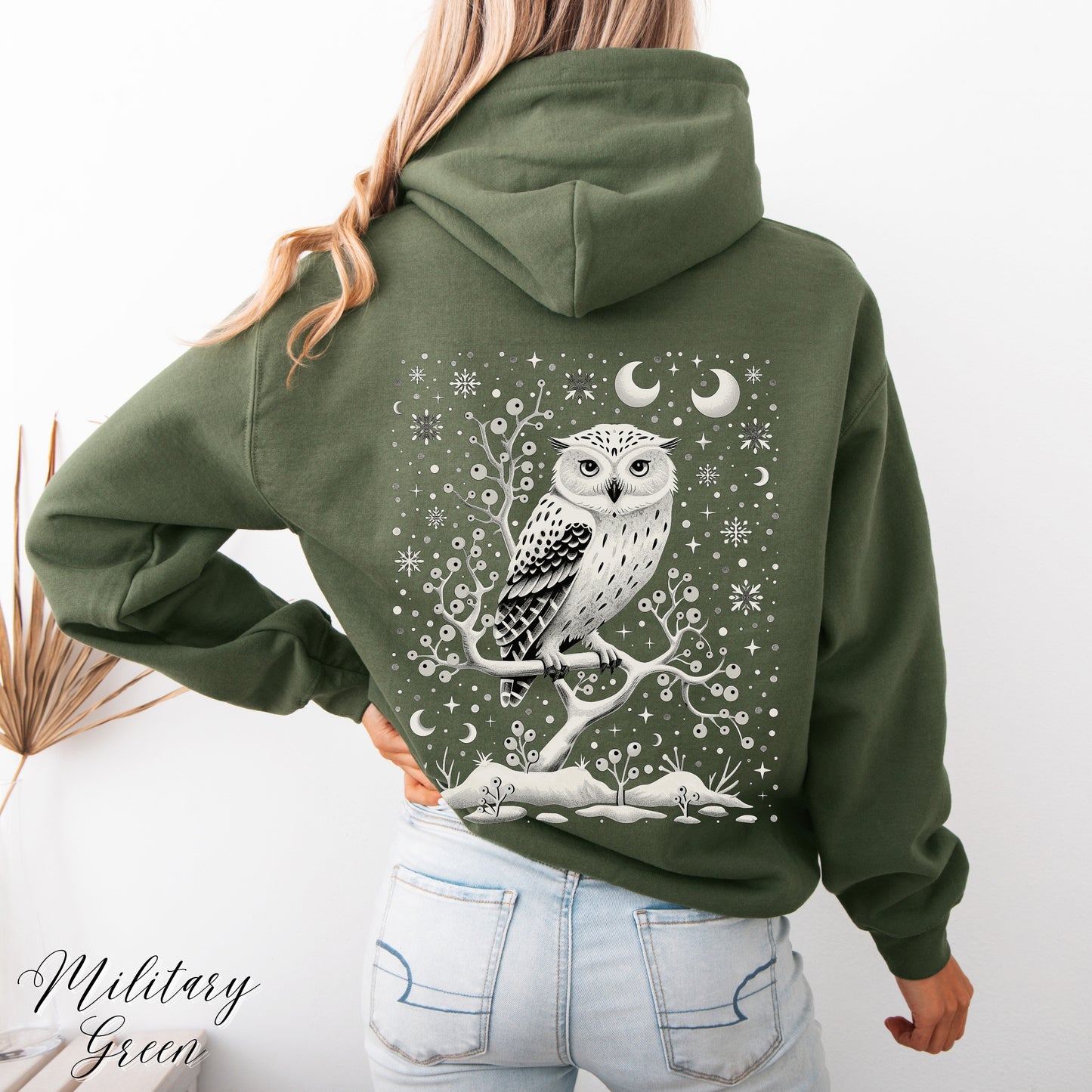 Winter Moon Owl Hoodie - Celestial Boho Christmas Hoodie