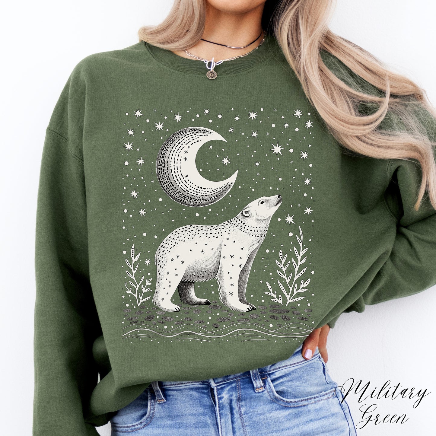 Mystic Moon and Polar Bear Sweatshirt - Nordic Animal Christmas Sweatshirt