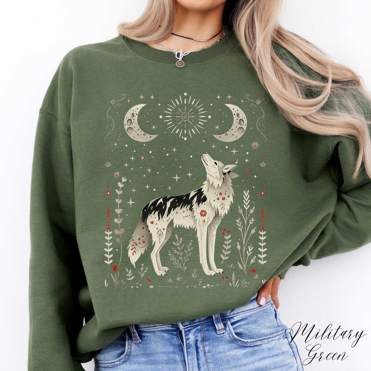 Scandinavian Moon and Wolf Sweatshirt - Folklore Animal Jumper