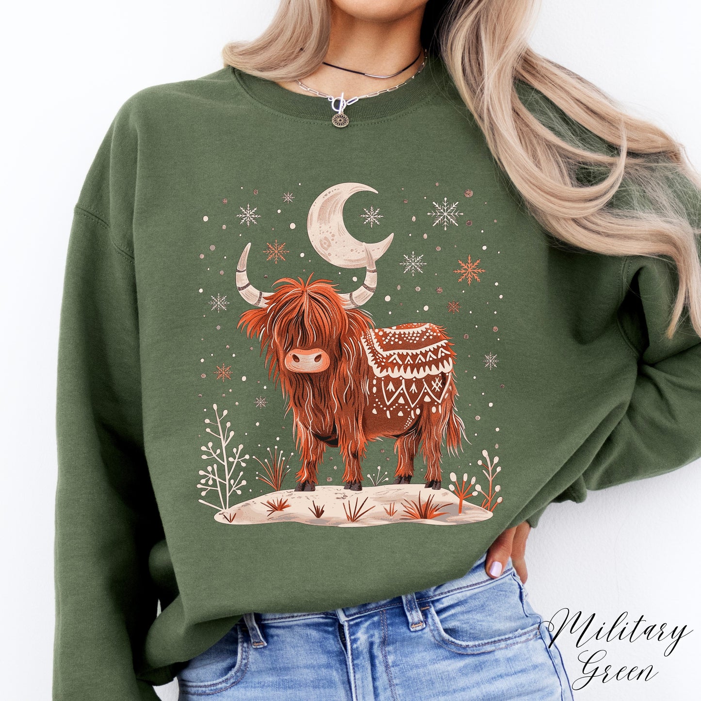 Highland Cow Christmas Sweatshirt - Moon Cow Sweatshirt - Boho Winter Jumper