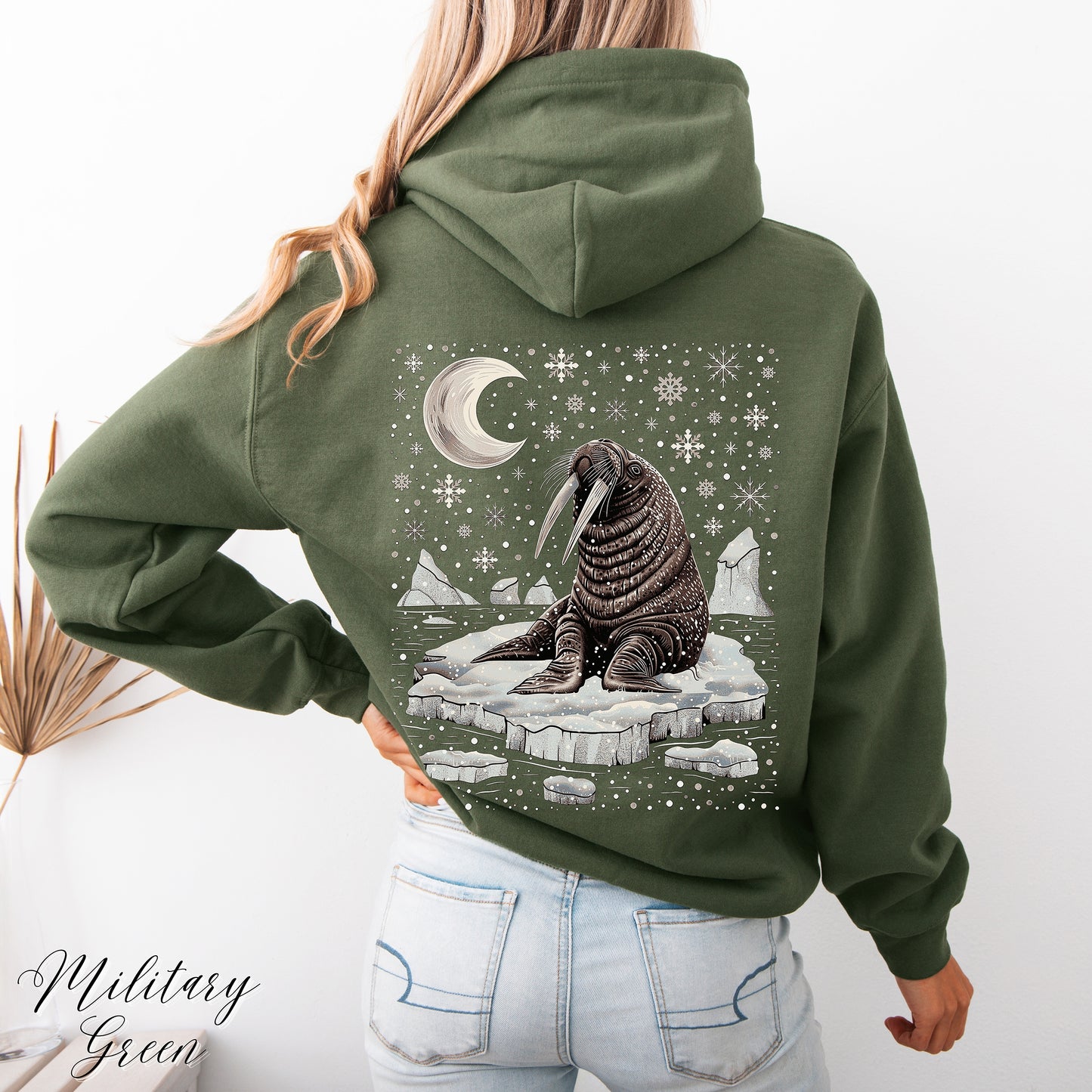 Boho Snow Moon and Walrus Hoodie - Nordic Christmas Animal Hoodie