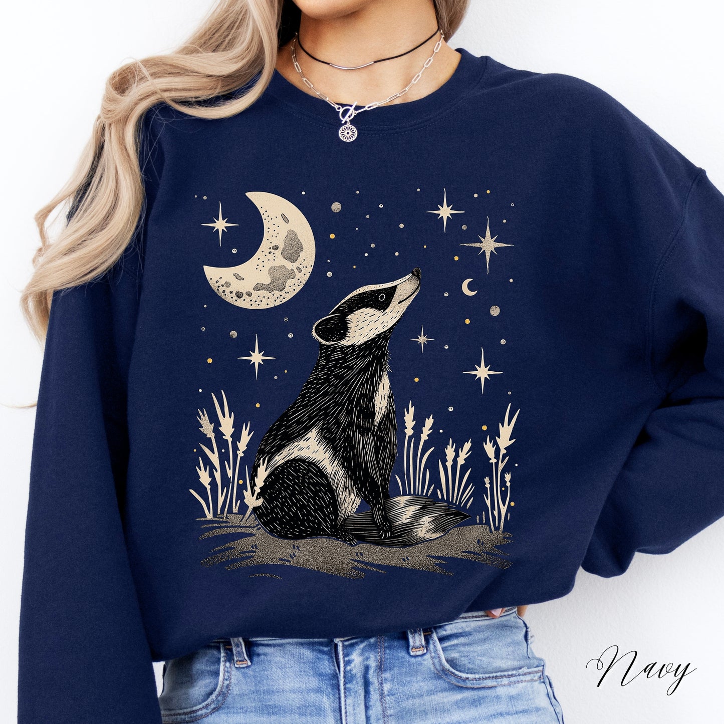 Mystic Moon and Badger Sweatshirt - Boho Woodland Animal Jumper