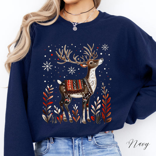 Boho Reindeer Sweatshirt - Cottagecore Christmas Jumper - Winter Animal Sweatshirt