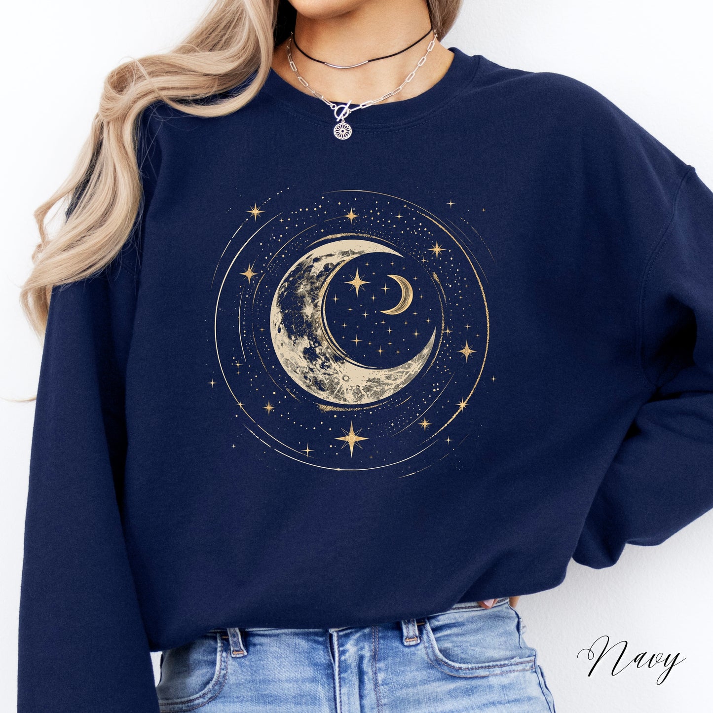 Crescent Moon Sweatshirt - Bohemian Moon Phase and Stars Jumper