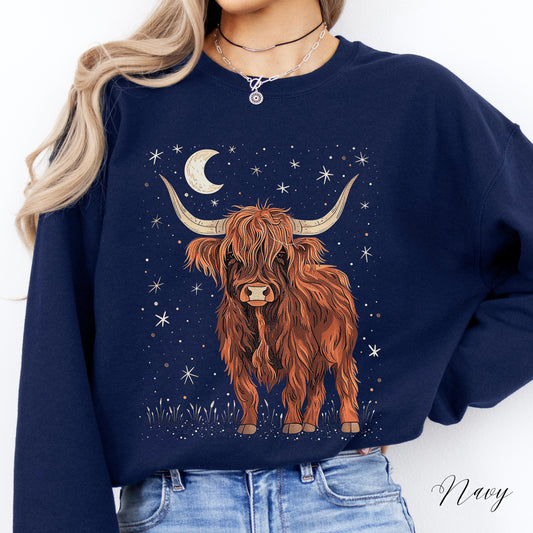 Celestial Highland Cow Sweatshirt - Moon and Cow Cottagecore Jumper