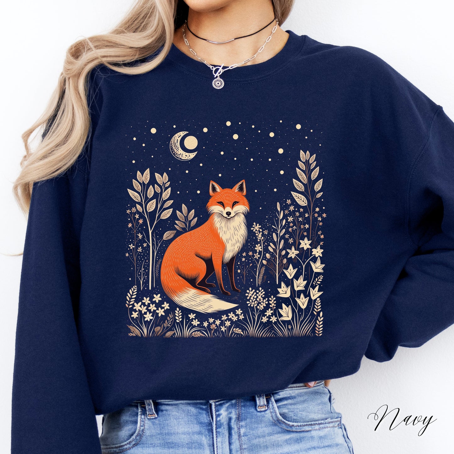 Moon and Fox Sweatshirt - Vintage Folklore Aesthetic Woodland Animal Jumper
