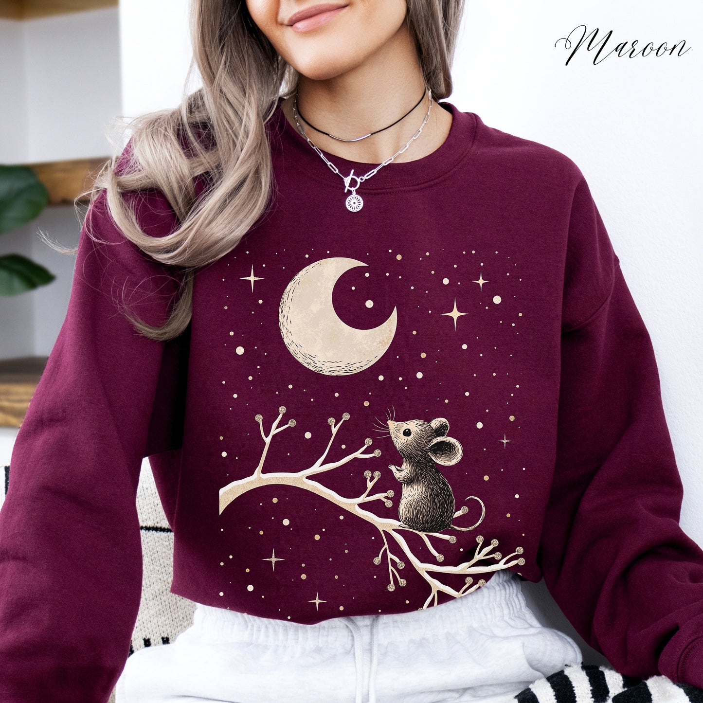 Winter Moon Mouse Christmas Sweatshirt - Celestial Winter Animal Jumper
