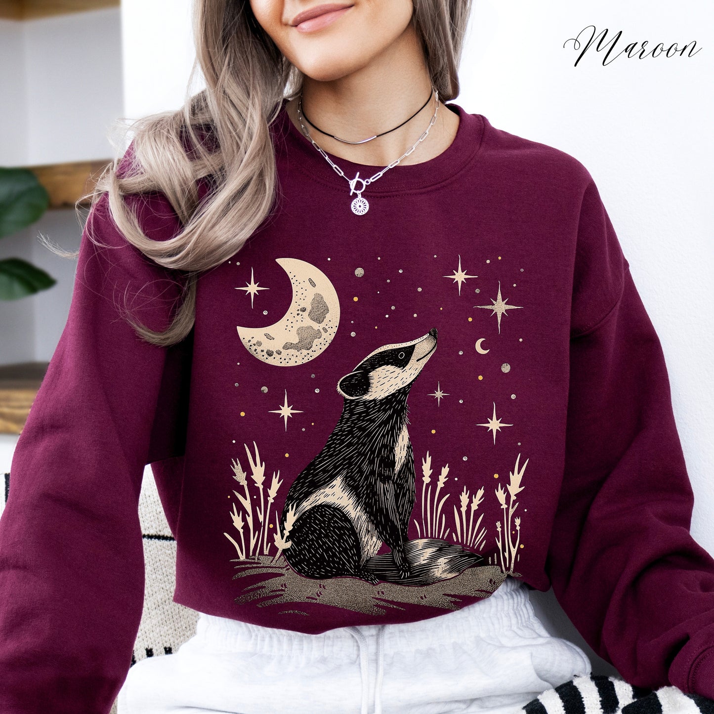 Mystic Moon and Badger Sweatshirt - Boho Woodland Animal Jumper