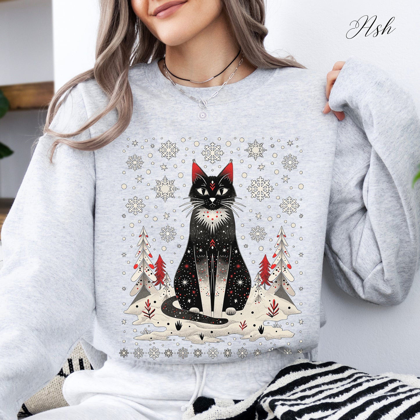 Scandinavian Christmas Cat Sweatshirt - Boho Christmas Sweatshirt