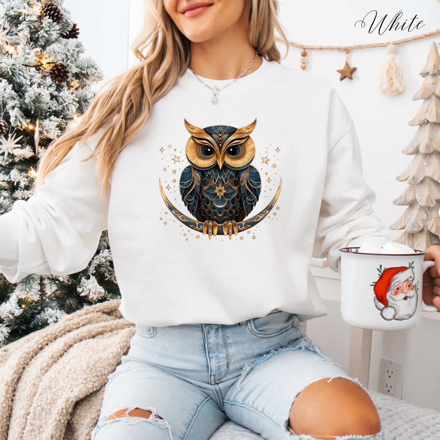 Celestial Moon Owl Sweatshirt - Bohemian Winter Sweatshirt - Christmas Sweatshirt