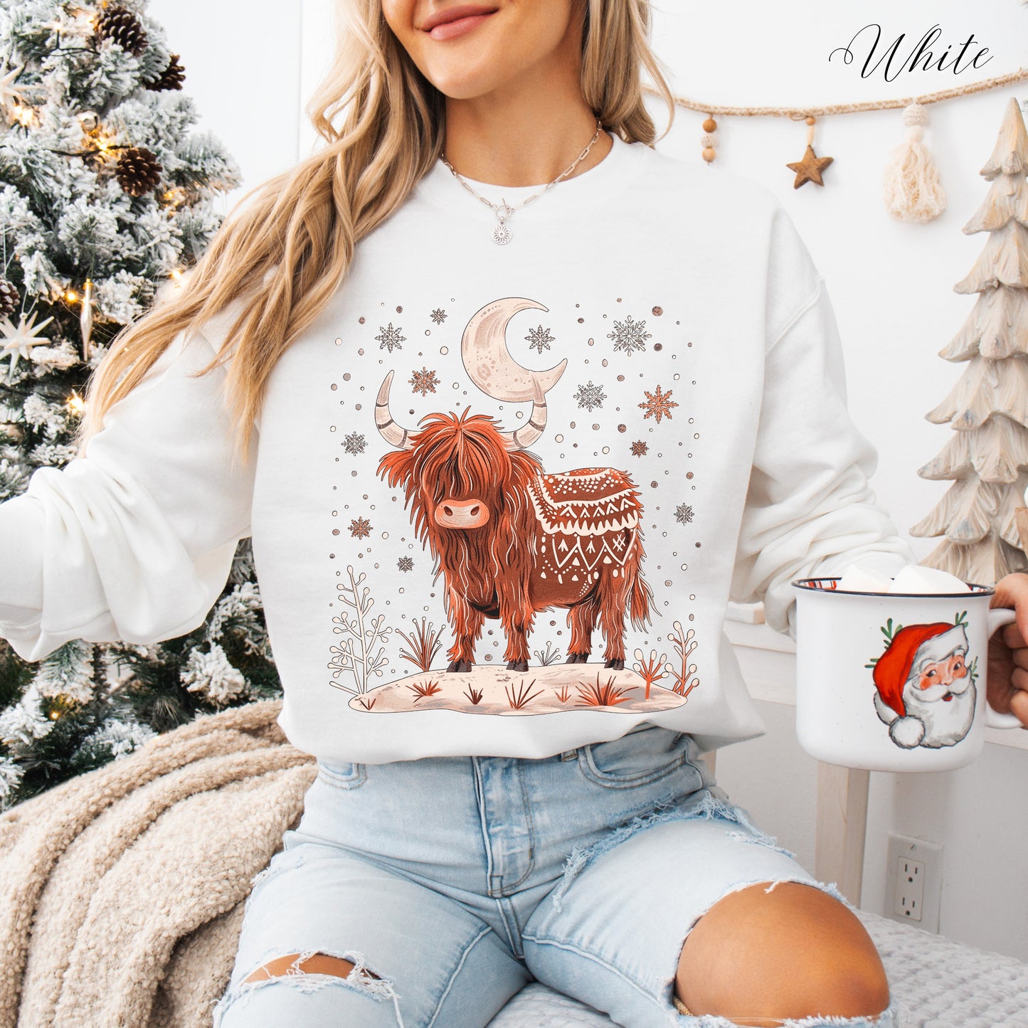 Highland Cow Christmas Sweatshirt - Moon Cow Sweatshirt - Boho Winter Jumper
