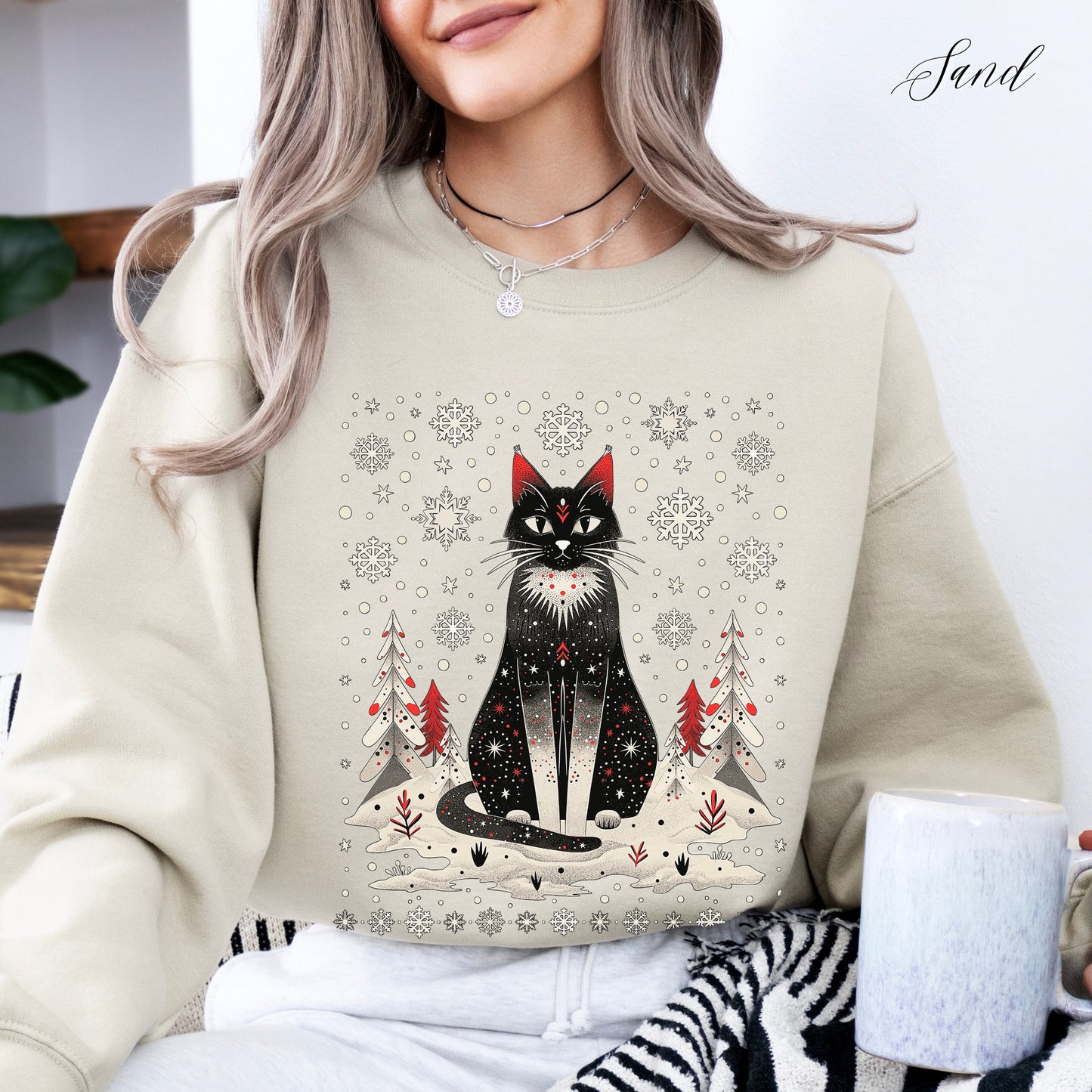Scandinavian Christmas Cat Sweatshirt - Boho Christmas Sweatshirt