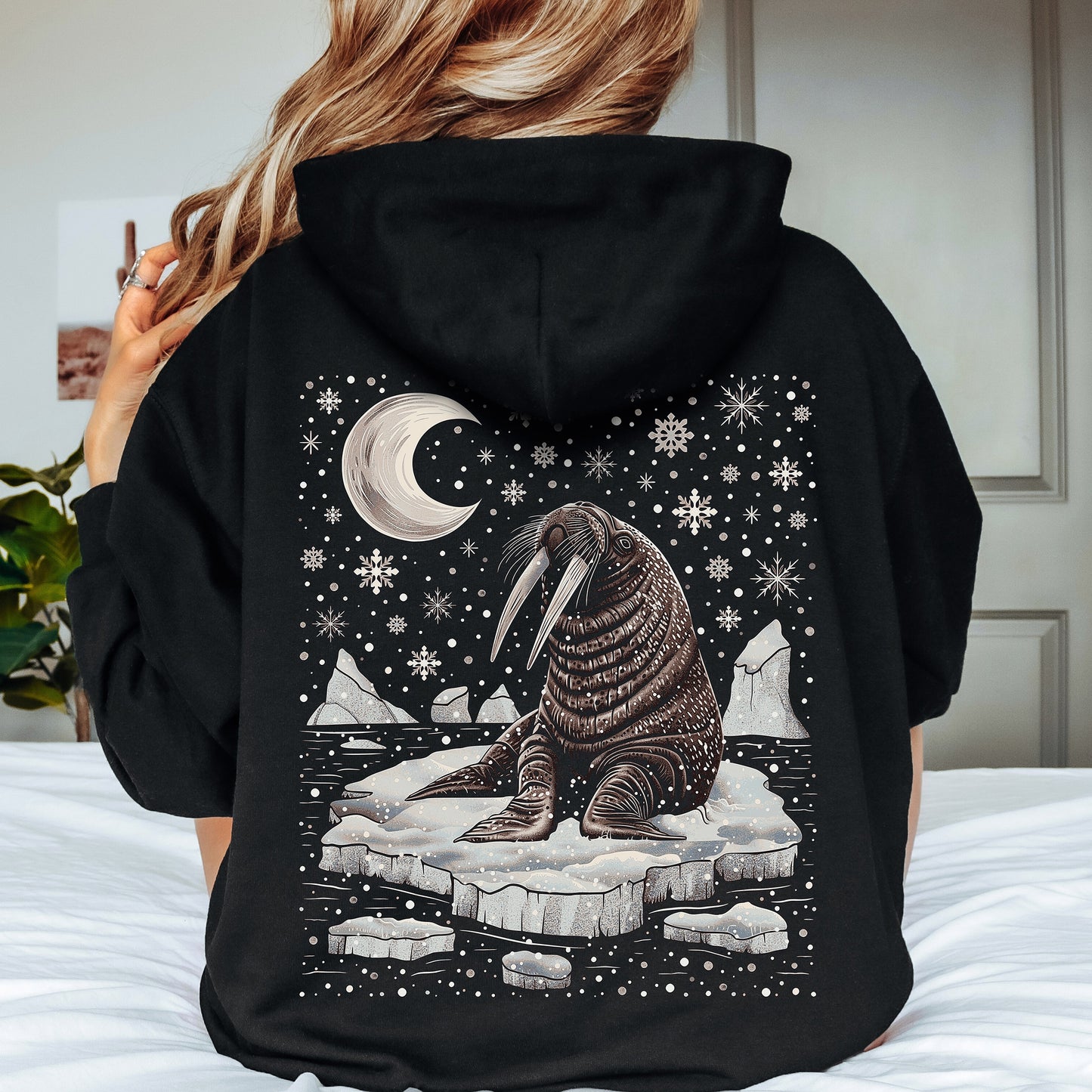 Boho Snow Moon and Walrus Hoodie - Nordic Christmas Animal Hoodie