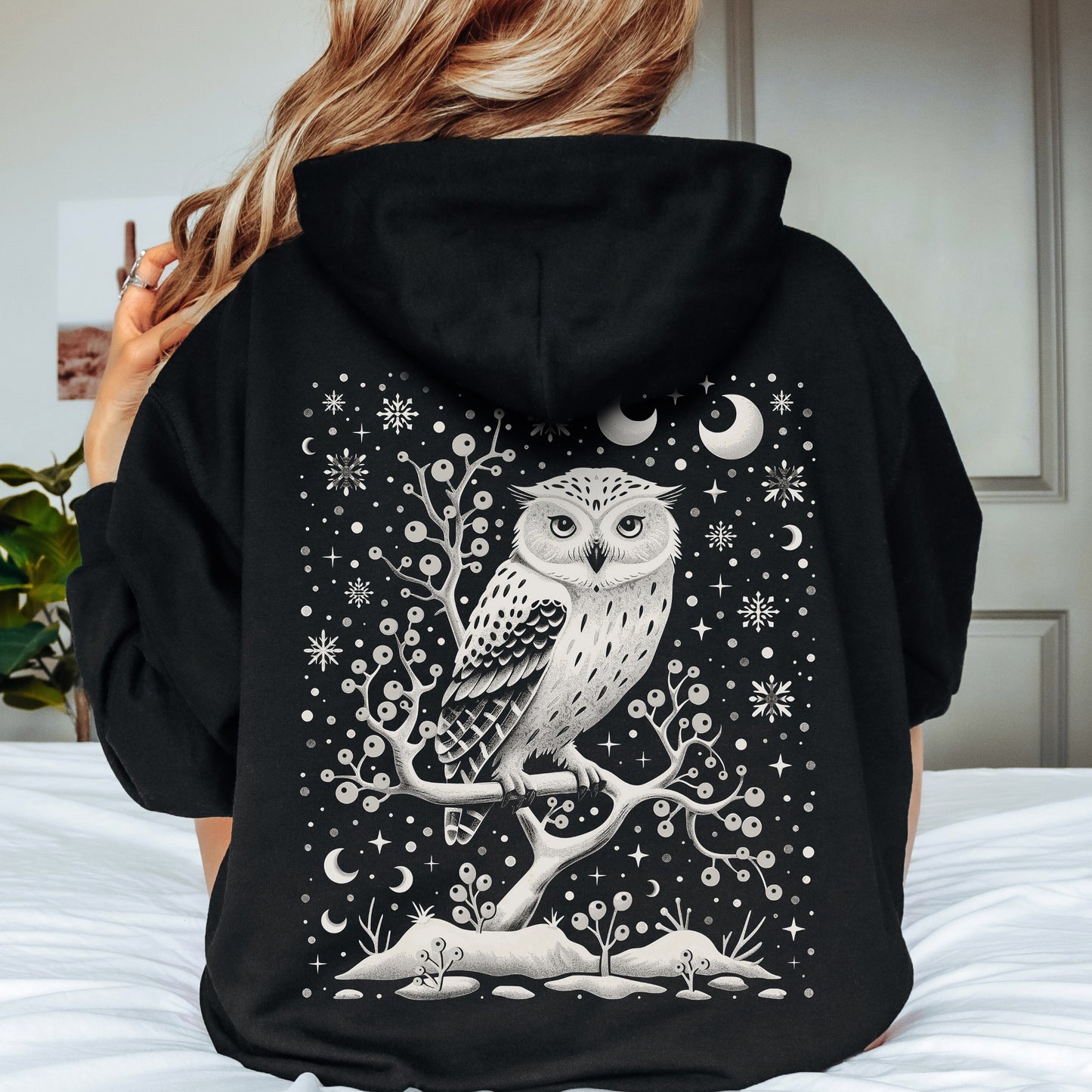 Winter Moon Owl Hoodie - Celestial Boho Christmas Hoodie