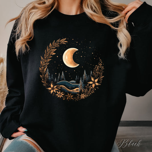 Floral Crescent Moon Sweatshirt - Cottagecore Winter Jumper