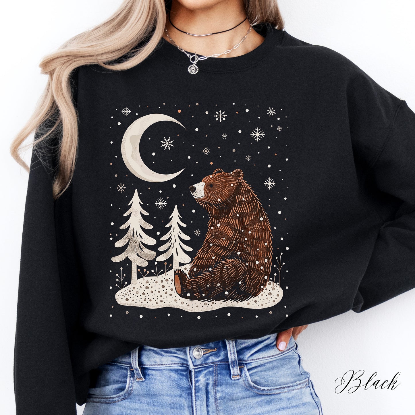 Winter Moon Bear Sweatshirt - Boho Christmas Sweatshirt