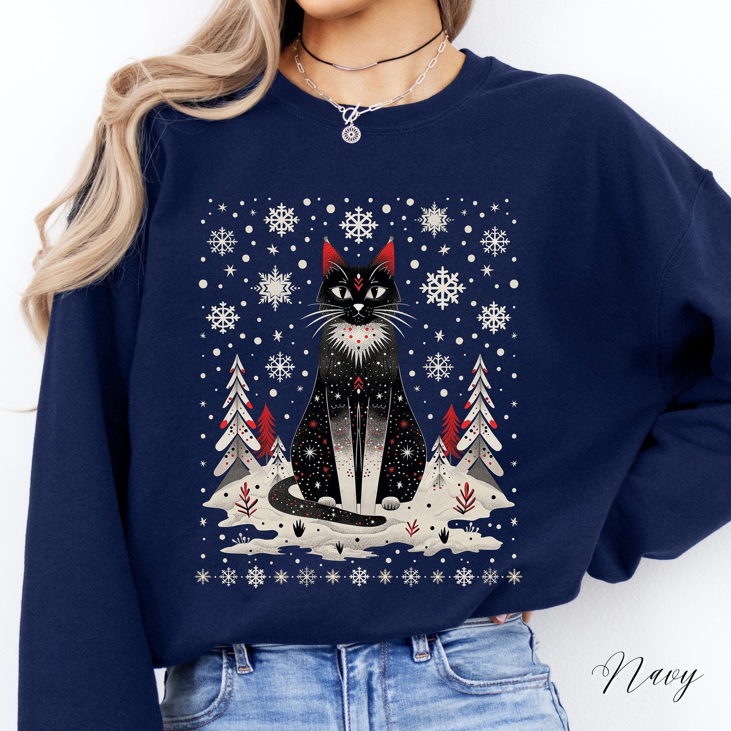 Scandinavian Christmas Cat Sweatshirt - Boho Christmas Sweatshirt