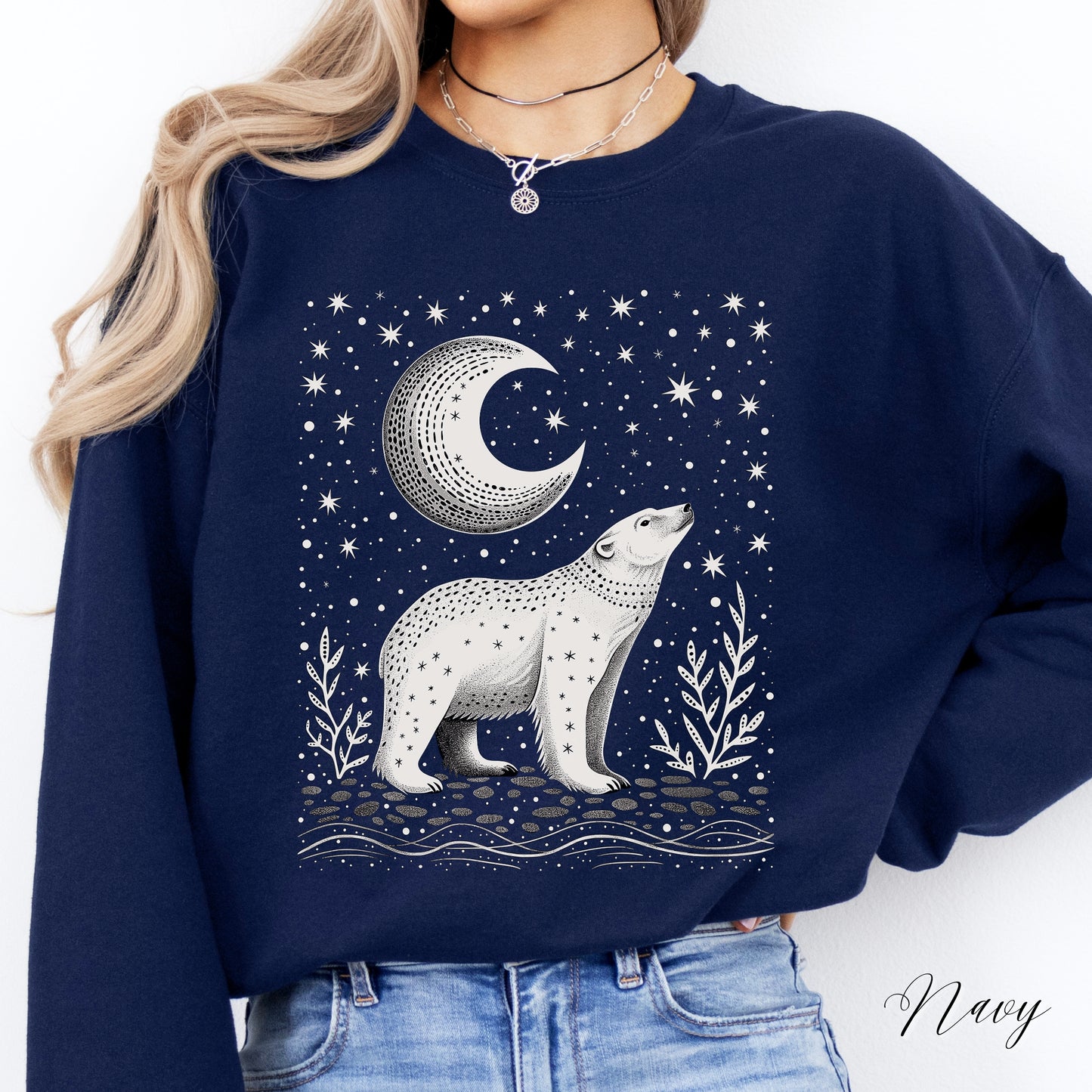 Mystic Moon and Polar Bear Sweatshirt - Nordic Animal Christmas Sweatshirt