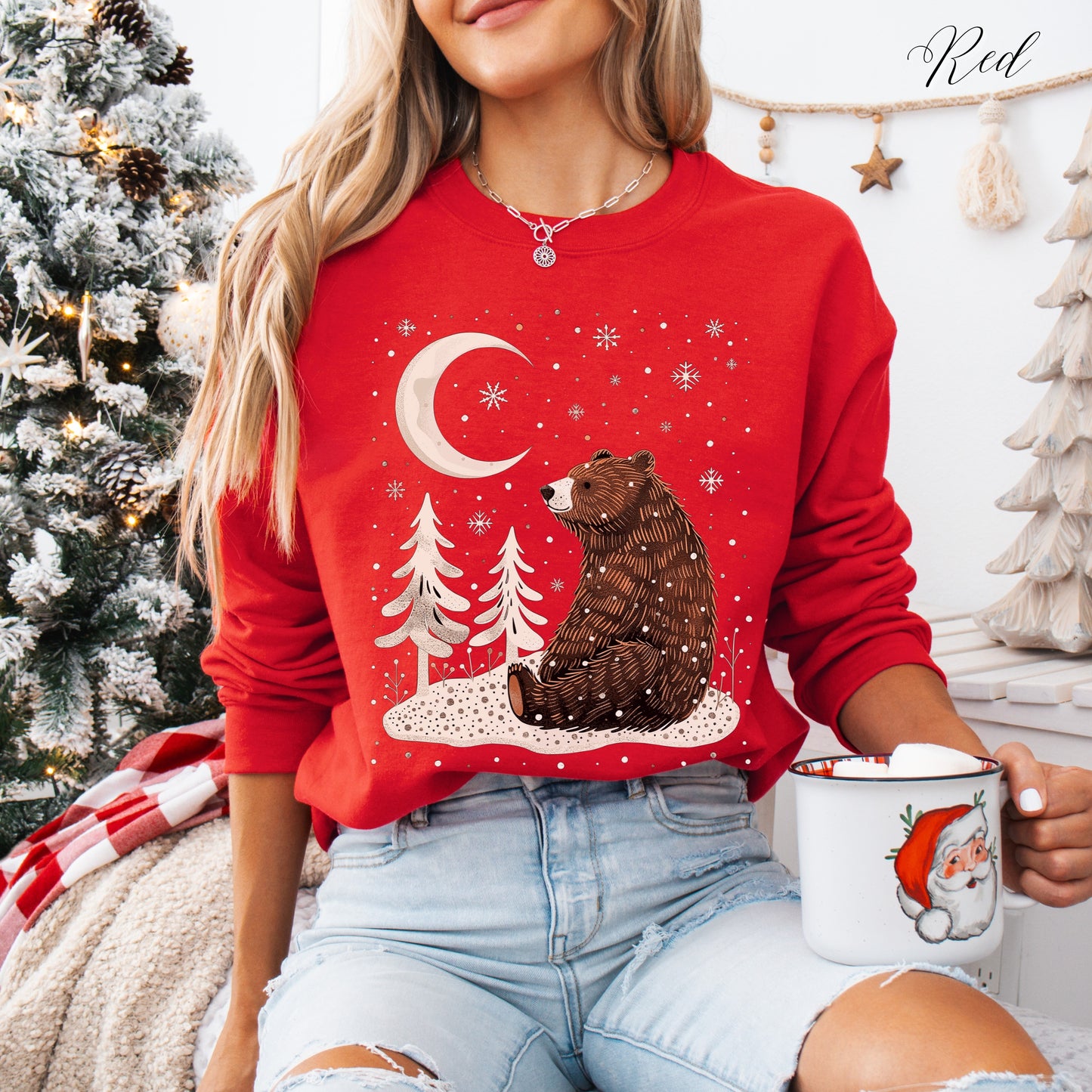 Winter Moon Bear Sweatshirt - Boho Christmas Sweatshirt