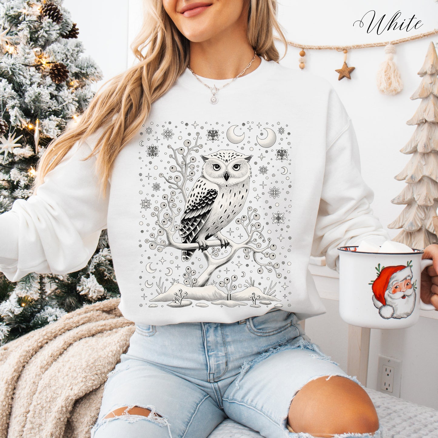 White Winter Owl Sweatshirt - Folklore Christmas Sweatshirt