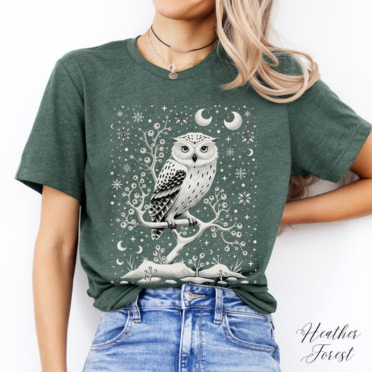 Winter Moon Owl Graphic Tee - Cottagecore Christmas Shirt