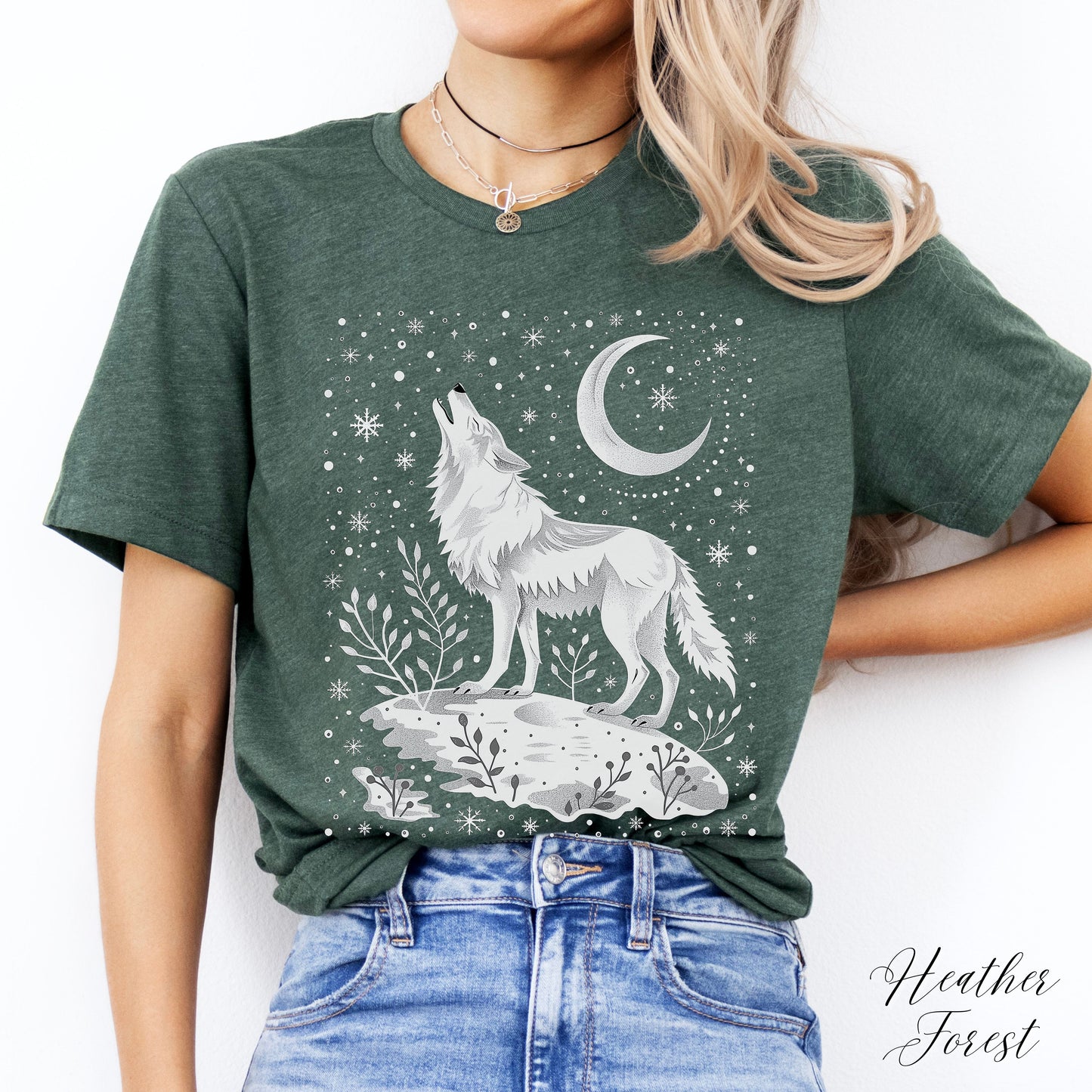 Celestial Arctic Wolf Shirt - Snowy Moon and Wolf Christmas Shirt