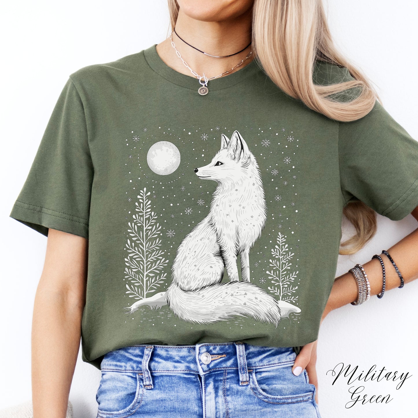 Boho Arctic Fox Shirt - Moon and White Fox Christmas Shirt
